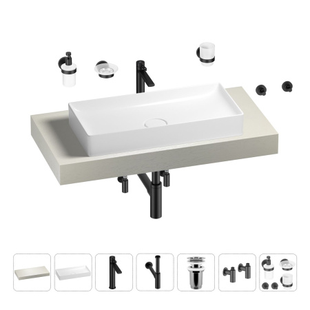 Раковина 75 см со столешницей 100 см Wellsee Pure BY Wellsee 201011557 в наборе 10 в 1: столешница, раковина, высокий смеситель, сифон, выпуск, кран-вентили, аксессуары (цвет матовый черный)